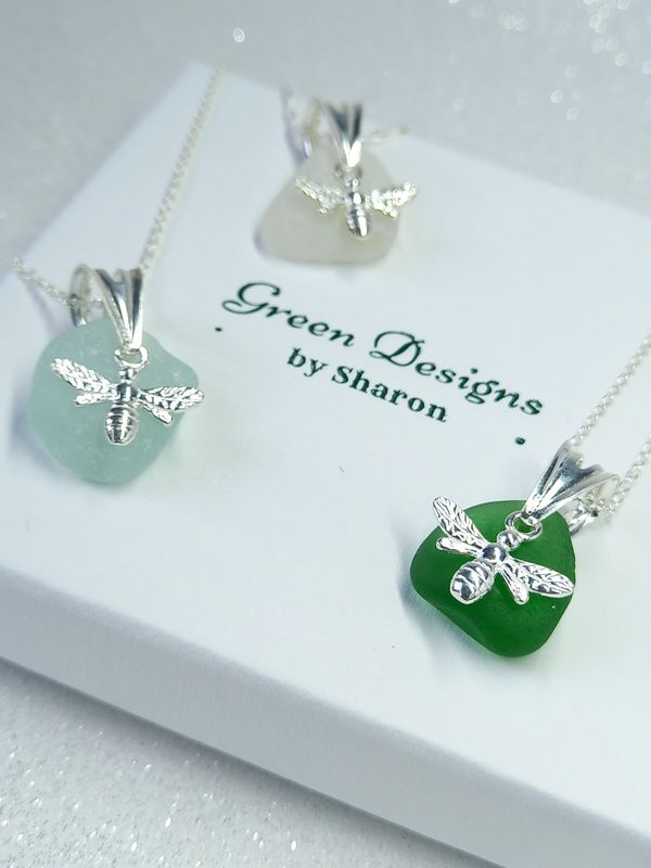 Scottish Sea Glass Bee Charm Necklace - Sterling Silver - Various Colours available