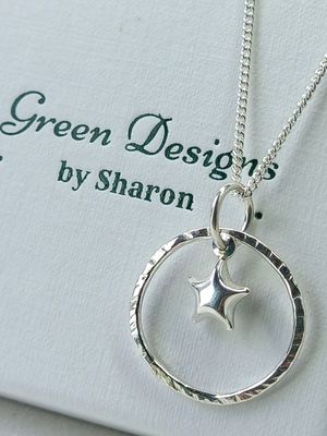 Sterling Silver Hoop with Puffy Star Charm Necklace - fidget/anxiety Necklace