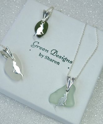 Scottish Sea Glass Cat Charm Necklace - Sterling Silver - Various Colours available