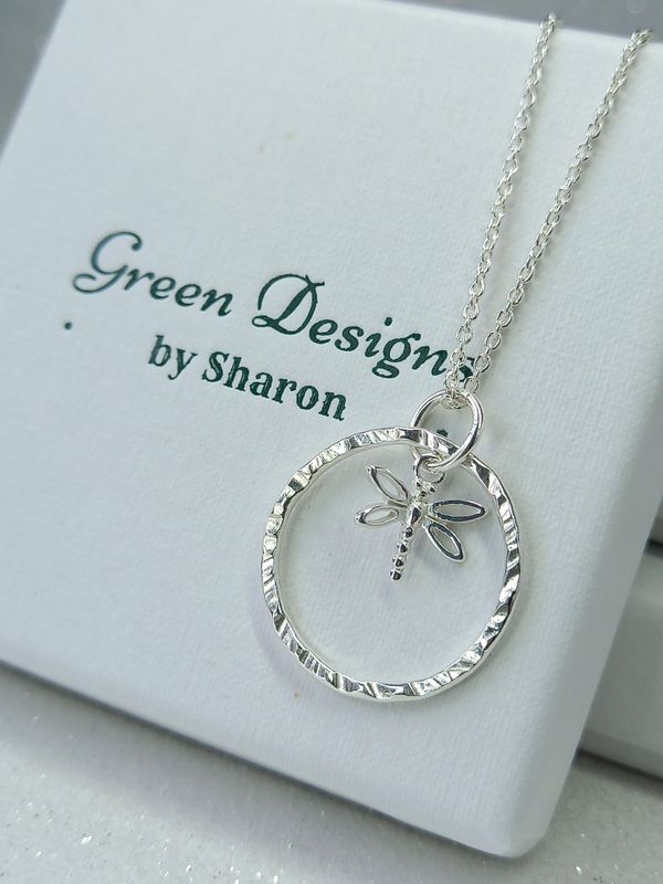 Sterling Silver Hoop with Dragonfly Charm Necklace - fidget/anxiety Necklace