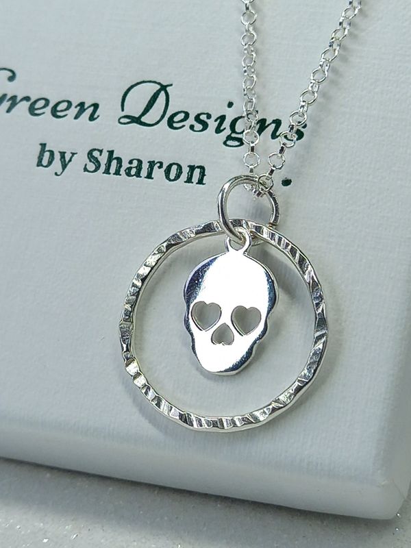 Sterling Silver Hoop with Skull Charm Necklace - fidget/anxiety Necklace