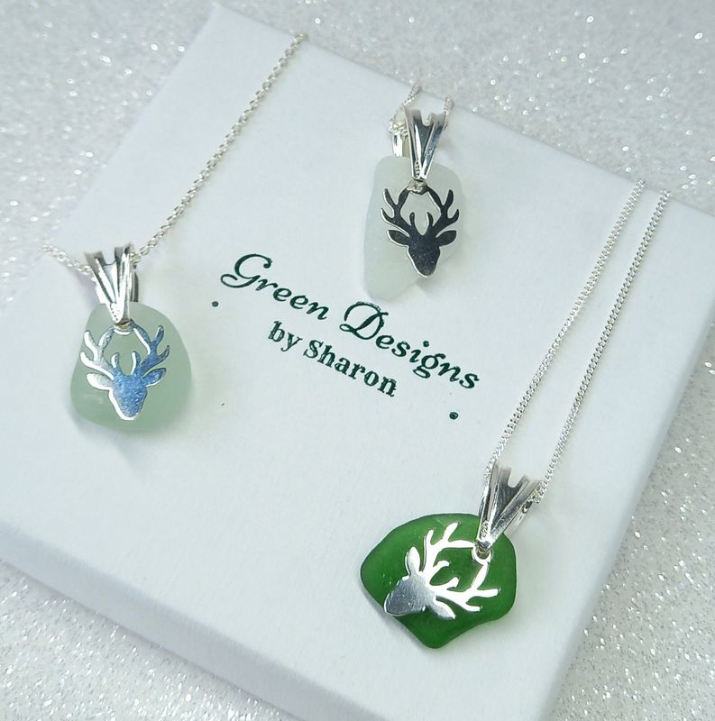Scottish Sea Glass Stag Charm Necklace - Sterling Silver - Various Colours available