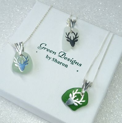 Scottish Sea Glass Stag Charm Necklace - Sterling Silver - Various Colours available