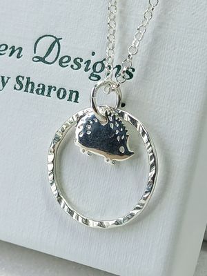Sterling Silver Hoop with Hedgehog Charm Necklace - fidget/anxiety Necklace