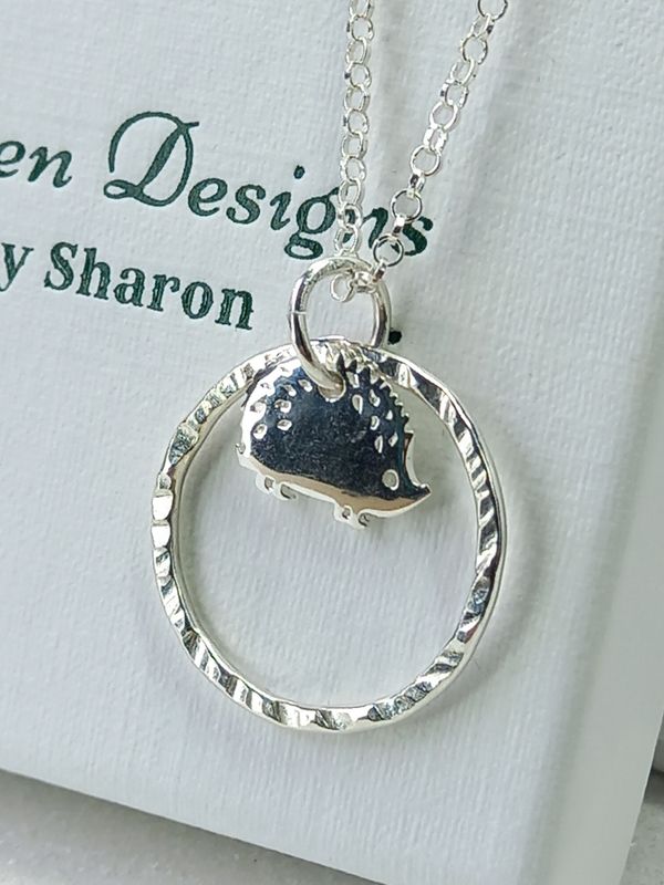 Sterling Silver Hoop with Hedgehog Charm Necklace - fidget/anxiety Necklace