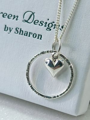 Sterling Silver Hoop with Puffy Heart Charm Necklace - fidget/anxiety Necklace