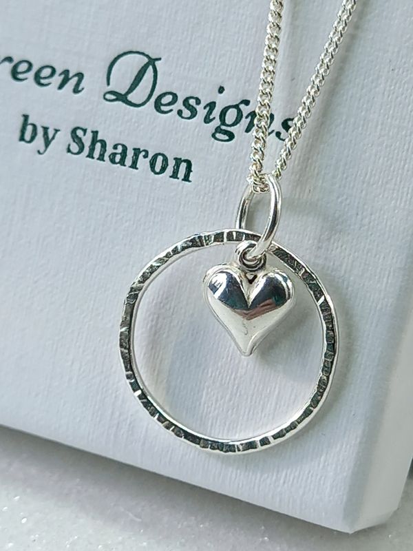 Sterling Silver Hoop with Puffy Heart Charm Necklace - fidget/anxiety Necklace