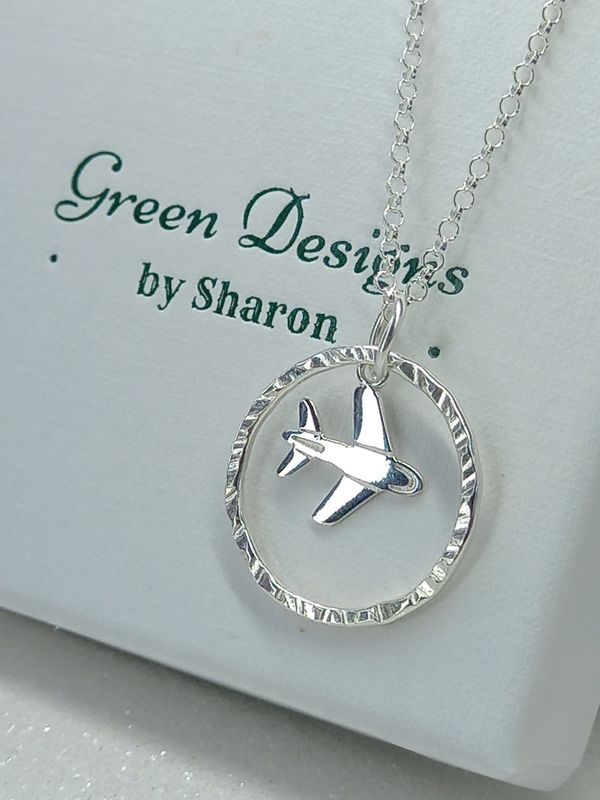 Sterling Silver Hoop with Plane Charm Necklace - fidget/anxiety Necklace