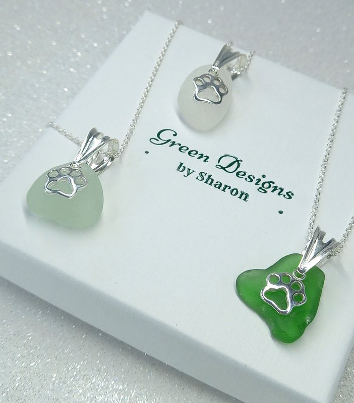 Scottish Sea Glass Paw Charm Necklace - Sterling Silver - Various Colours available