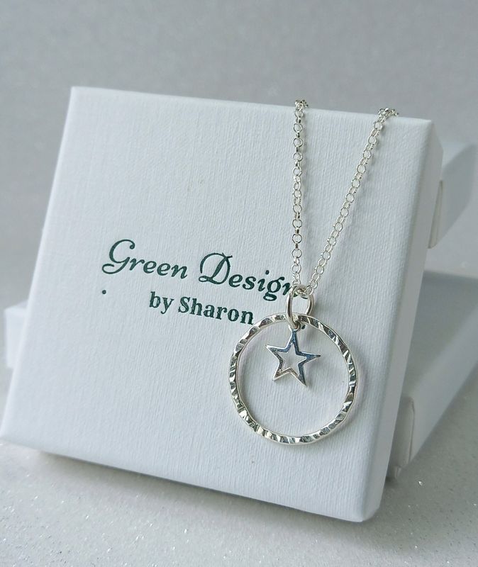Sterling Silver Hoop with Open Star Charm Necklace - fidget/anxiety Necklace