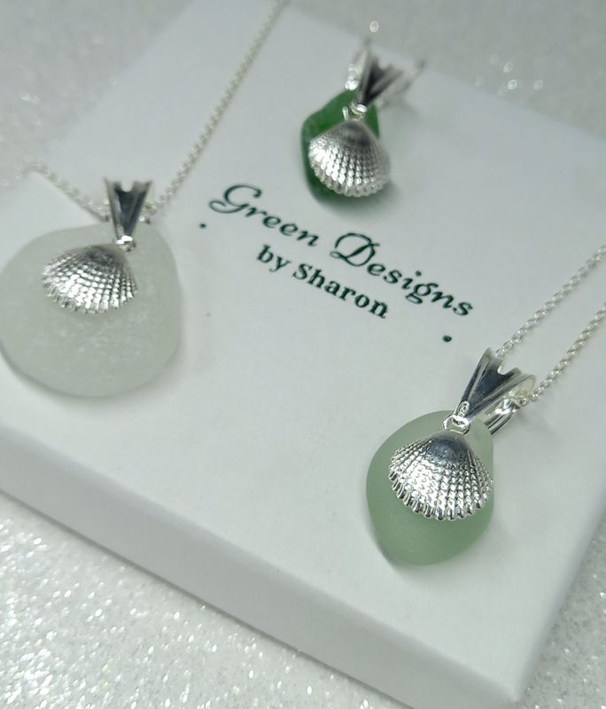 Scottish Sea Glass Scallop Shell Charm Necklace - Sterling Silver - Various Colours available