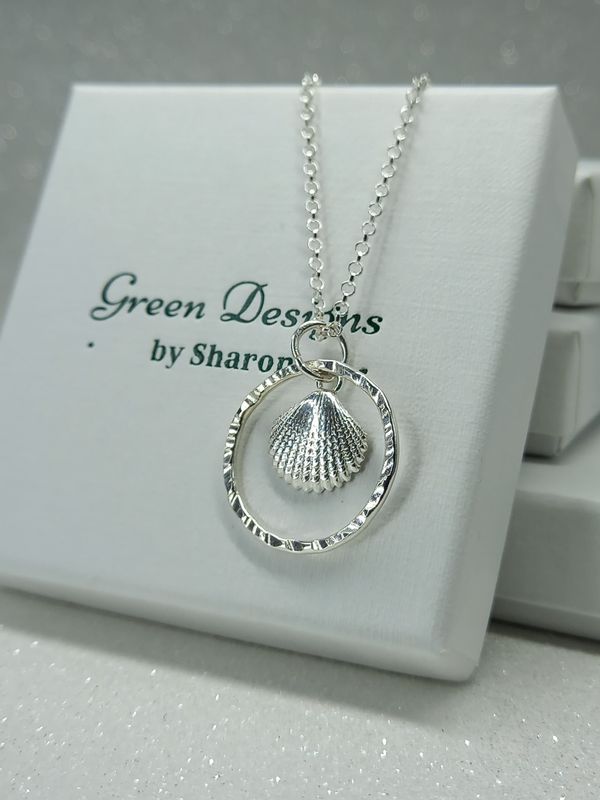 Sterling Silver Hoop with Scallop Shell Charm Necklace - fidget/anxiety Necklace