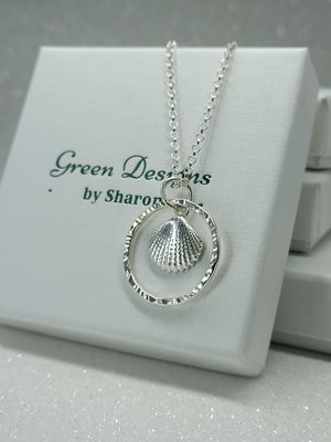 Sterling Silver Hoop with Scallop Shell Charm Necklace - fidget/anxiety Necklace