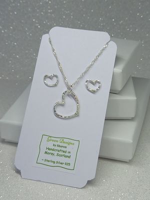 Silver Hammered Heart Necklace and Earrings Set - Stud or Dangling available