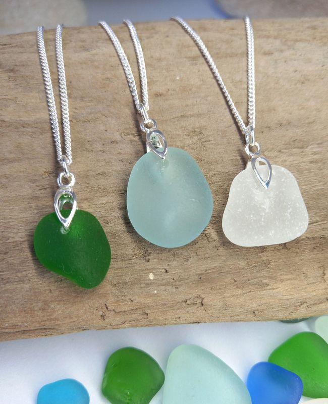 Scottish Sterling Silver Sea Glass Necklace - Leaf Bail