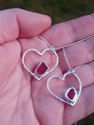 Scottish Sea Glass Sterling Silver Hammered Heart Necklace - Red