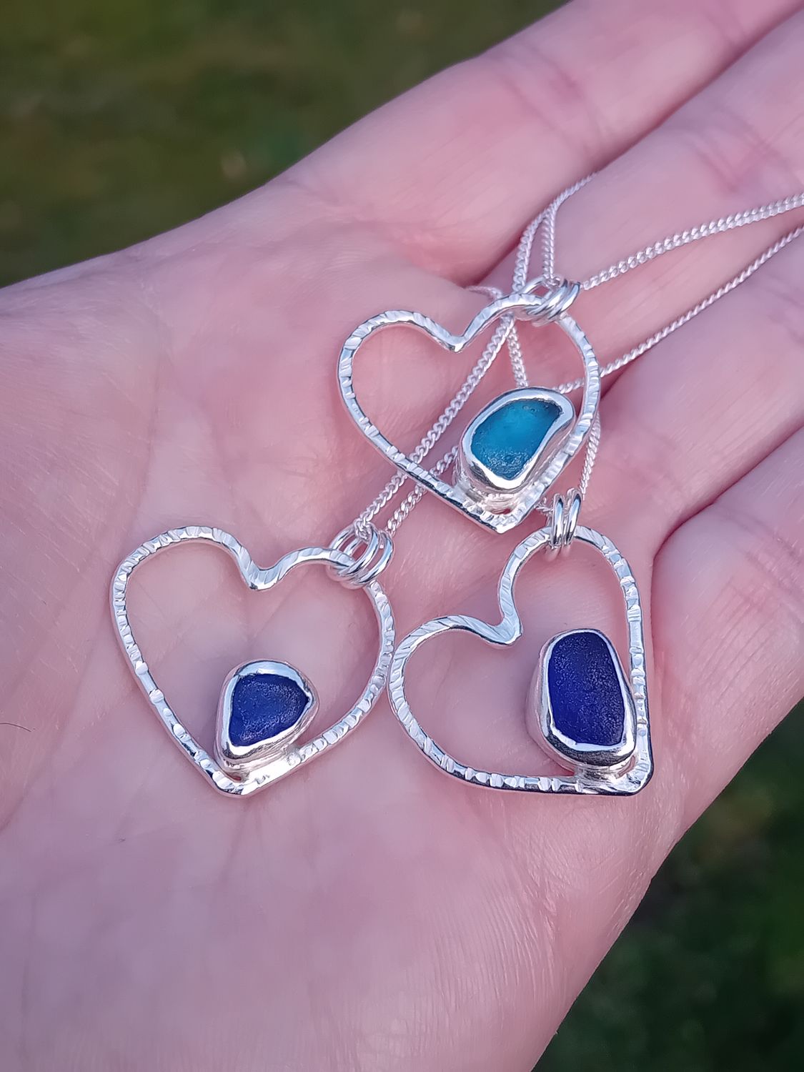 Scottish Sea Glass Sterling Silver Hammered Heart Necklace - Blue