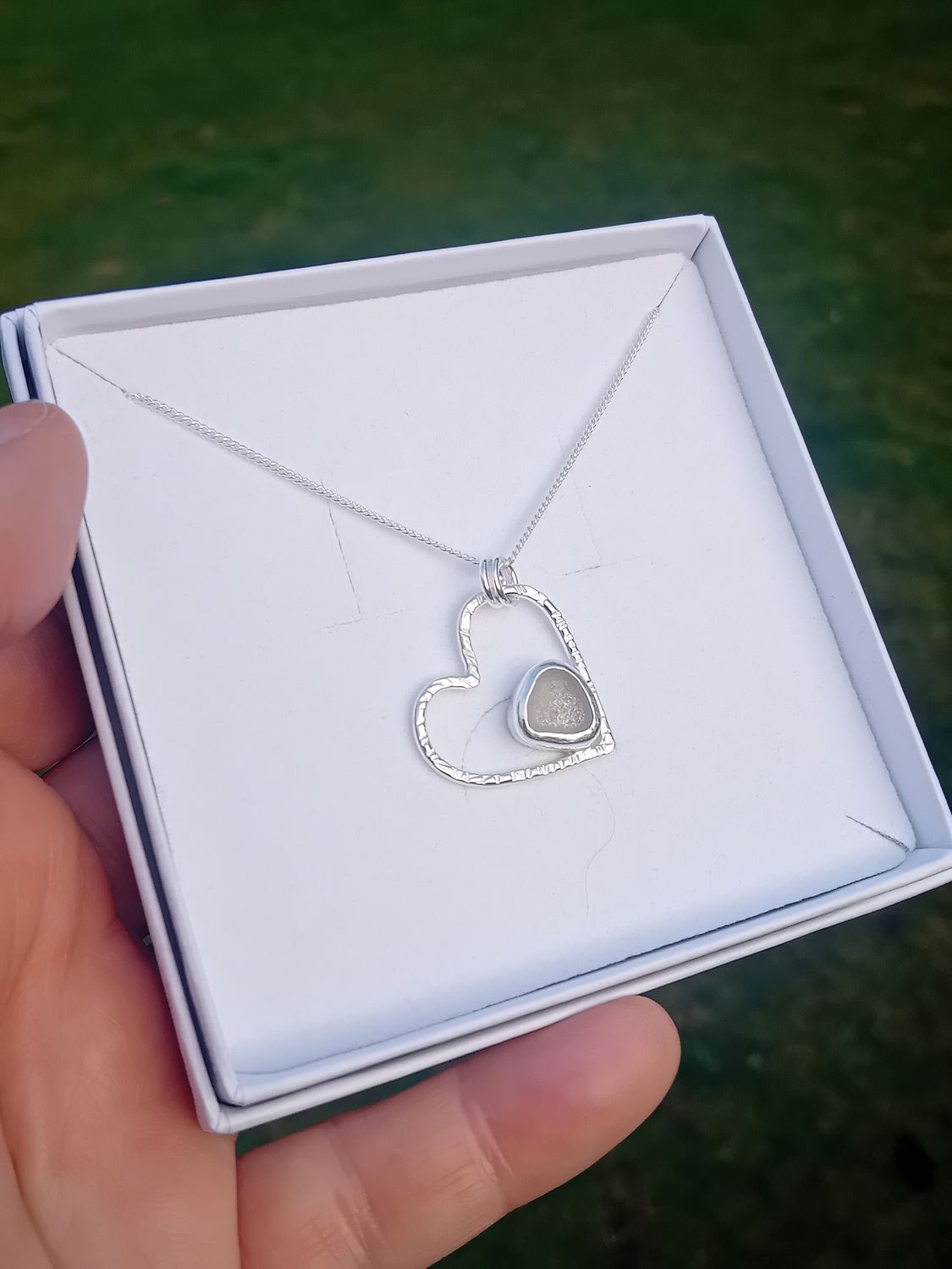 Scottish Sea Glass Sterling Silver Hammered Heart Necklace - Clear/White