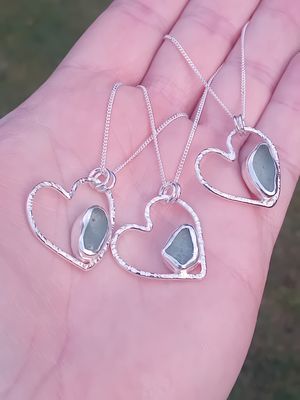 Scottish Sea Glass Sterling Silver Hammered Heart Necklace - Seafoam