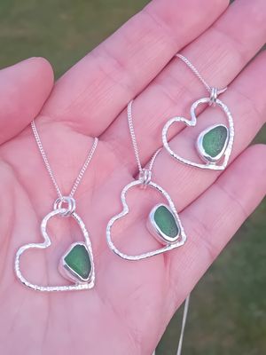 Scottish Sea Glass Sterling Silver Hammered Heart Necklace - Green