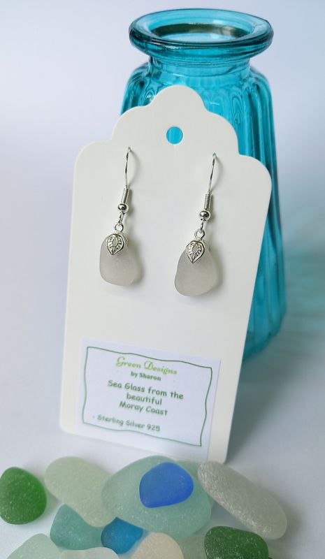 Dangling Sea Glass Silver Earrings - White/Clear or Seafoam