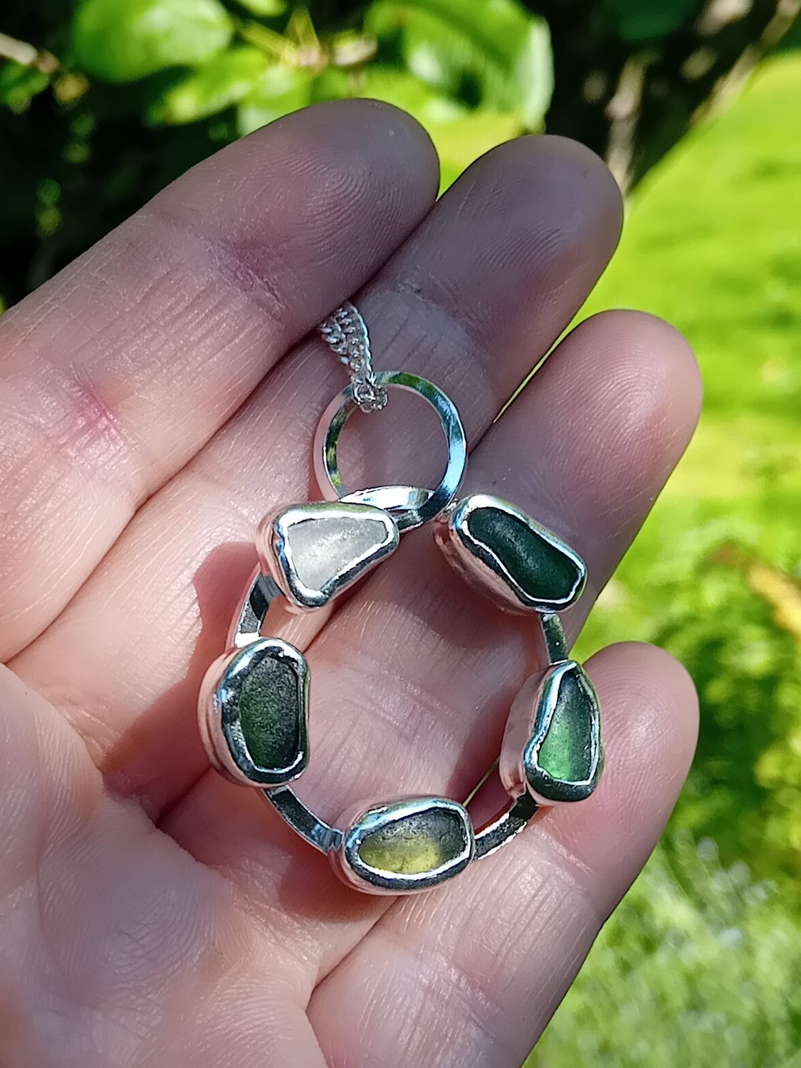 Chunky Shades of Green Scottish Sea Glass Necklace - Hallmarked