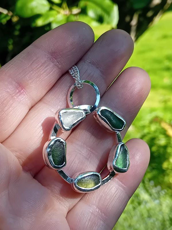 Chunky Shades of Green Scottish Sea Glass Necklace - Hallmarked