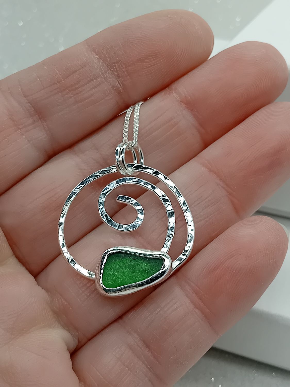 Scottish Sea Glass Sterling Silver Hammered Swirl Necklace - Green