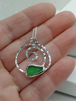 Scottish Sea Glass Sterling Silver Hammered Swirl Necklace - Green