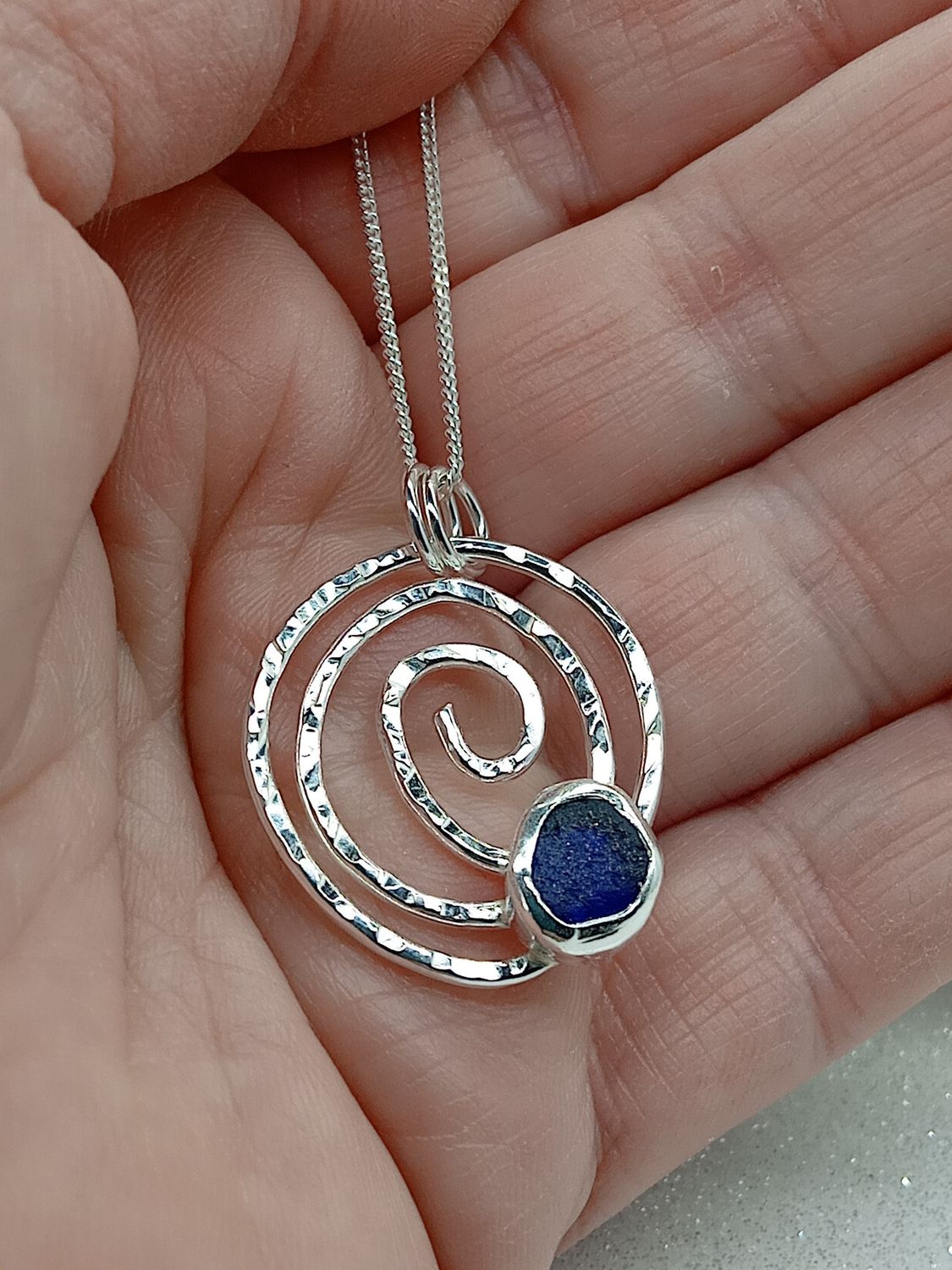 Scottish Sea Glass Sterling Silver Hammered Swirl Necklace - Blue