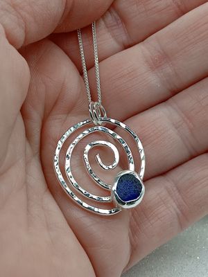 Scottish Sea Glass Sterling Silver Hammered Swirl Necklace - Blue