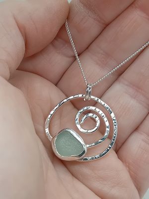 Scottish Sea Glass Sterling Silver Hammered Swirl Necklace - Seafoam