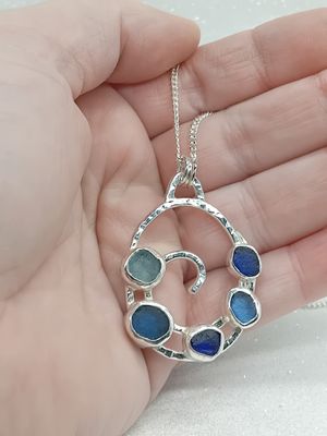 Large Sterling Silver Swirl Sea Glass Statement Pendant - Blue