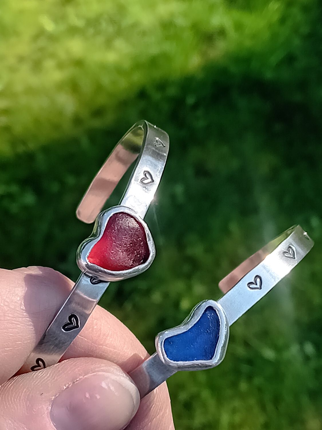 Hand Stamped Heart Sterling Silver Cuff Bracelet with Scottish Sea Glass - Red or Blue - Hallmarked