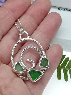 Sterling Silver Swirl Sea Glass Pendant - Shades of Green