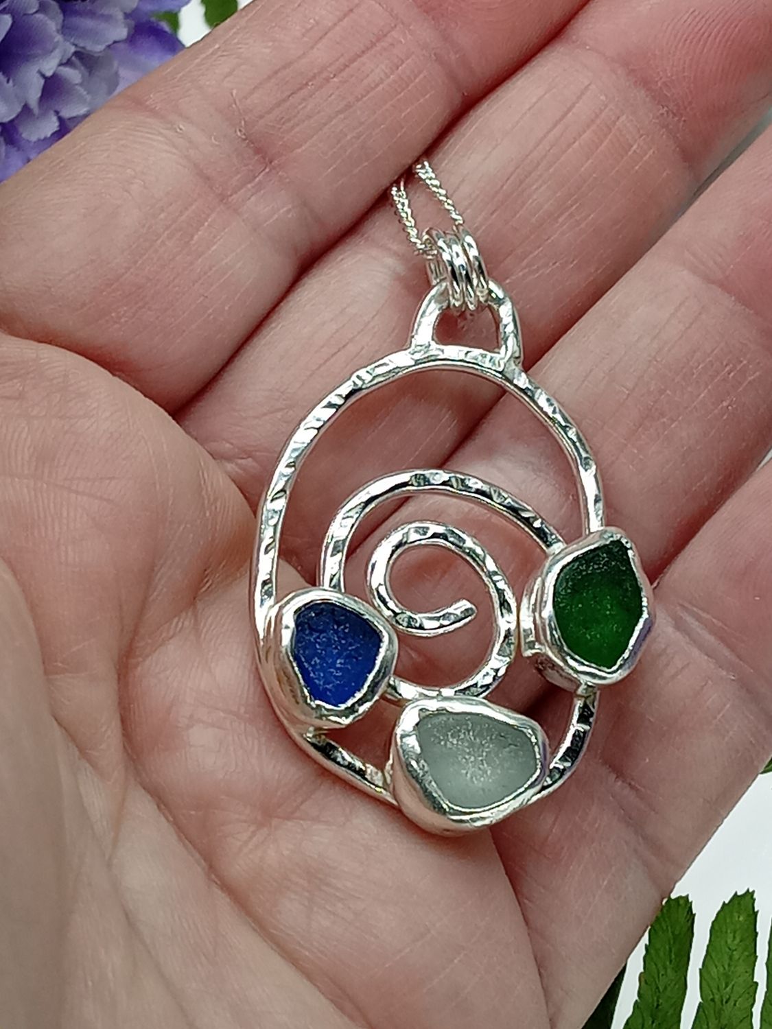 Sterling Silver Swirl Sea Glass Pendant - Shades of Blue and Green