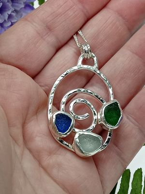 Sterling Silver Swirl Sea Glass Pendant - Shades of Blue and Green