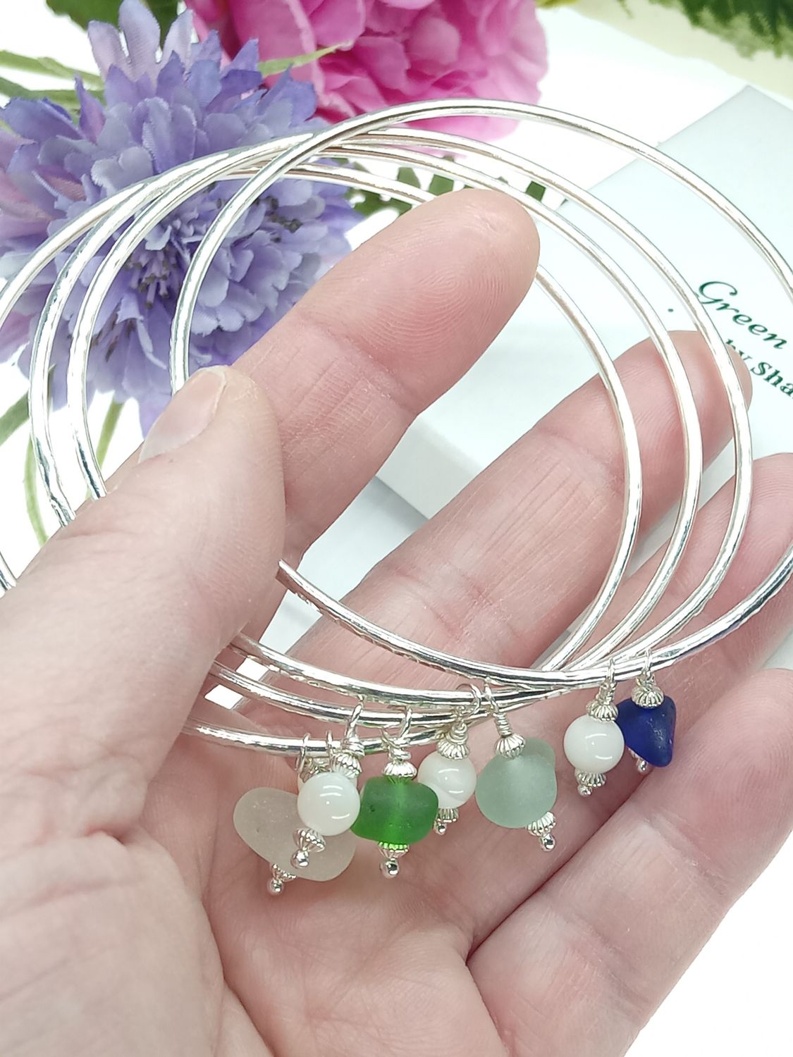 Hand Hammered Sterling Silver Bangle with Scottish Sea Glass and Mother of Pearl Bead - Hallmarked