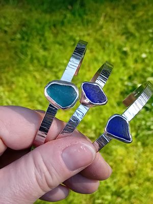 Hand Hammered Sterling Silver Cuff Bracelet with Blue Scottish Sea Glass - Hallmarked