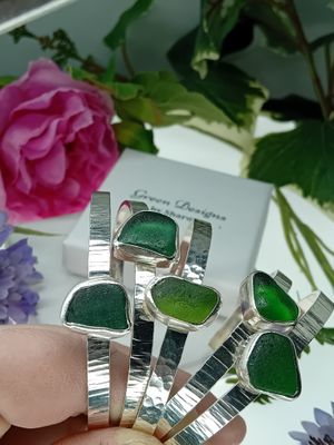 Hand Hammered Sterling Silver Cuff Bracelet with Green Scottish Sea Glass - Hallmarked