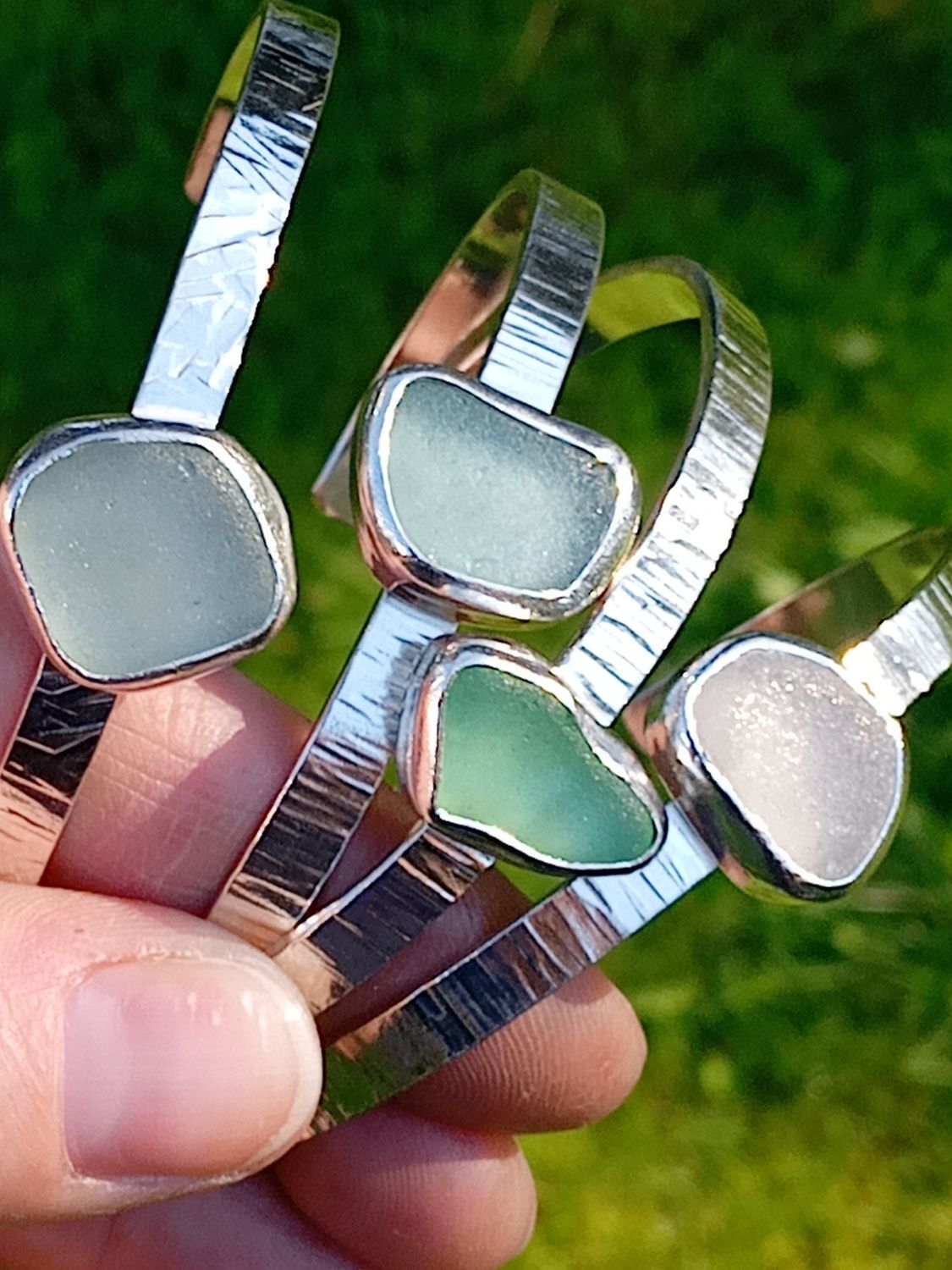 Hand Hammered Sterling Silver Cuff Bracelet with Seafoam or Clear Scottish Sea Glass - Hallmarked