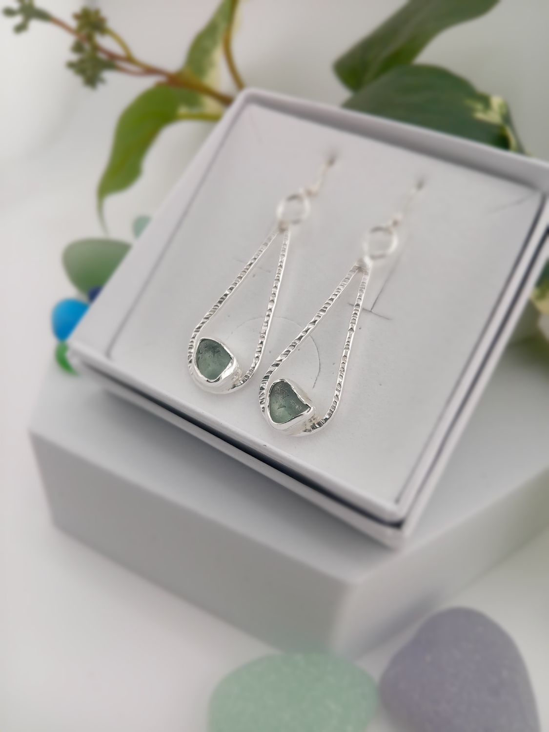 Hand Hammered Teardrop Shaped Earrings with Scottish Sea Glass - Sterling Silver - Clear or Seafoam
