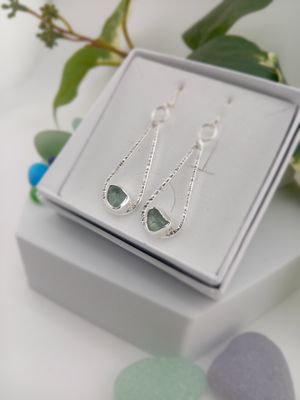 Hand Hammered Teardrop Shaped Earrings with Scottish Sea Glass - Sterling Silver - Clear or Seafoam