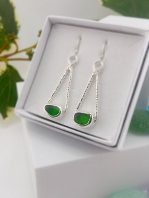 Hand Hammered Teardrop Shaped Earrings with Scottish Sea Glass - Sterling Silver - Green