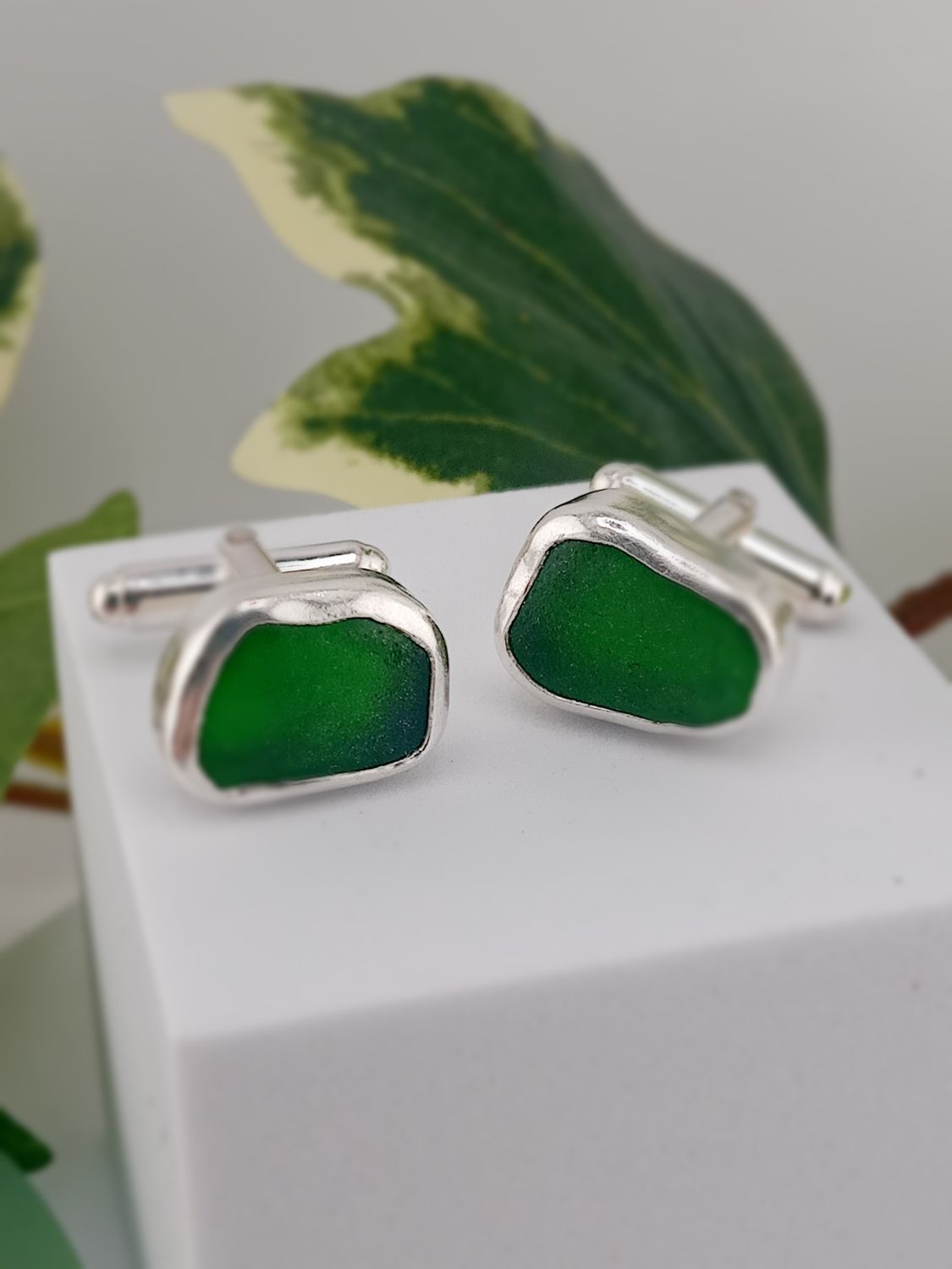 Sterling Silver Scottish Sea Glass Cufflinks - Green