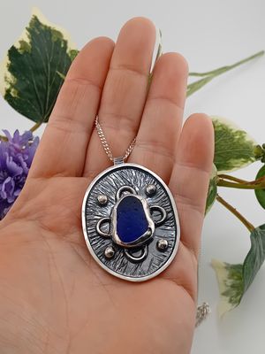 Very Chunky Scottish Sea Glass Textured Pendant - Hallmarked - Blue