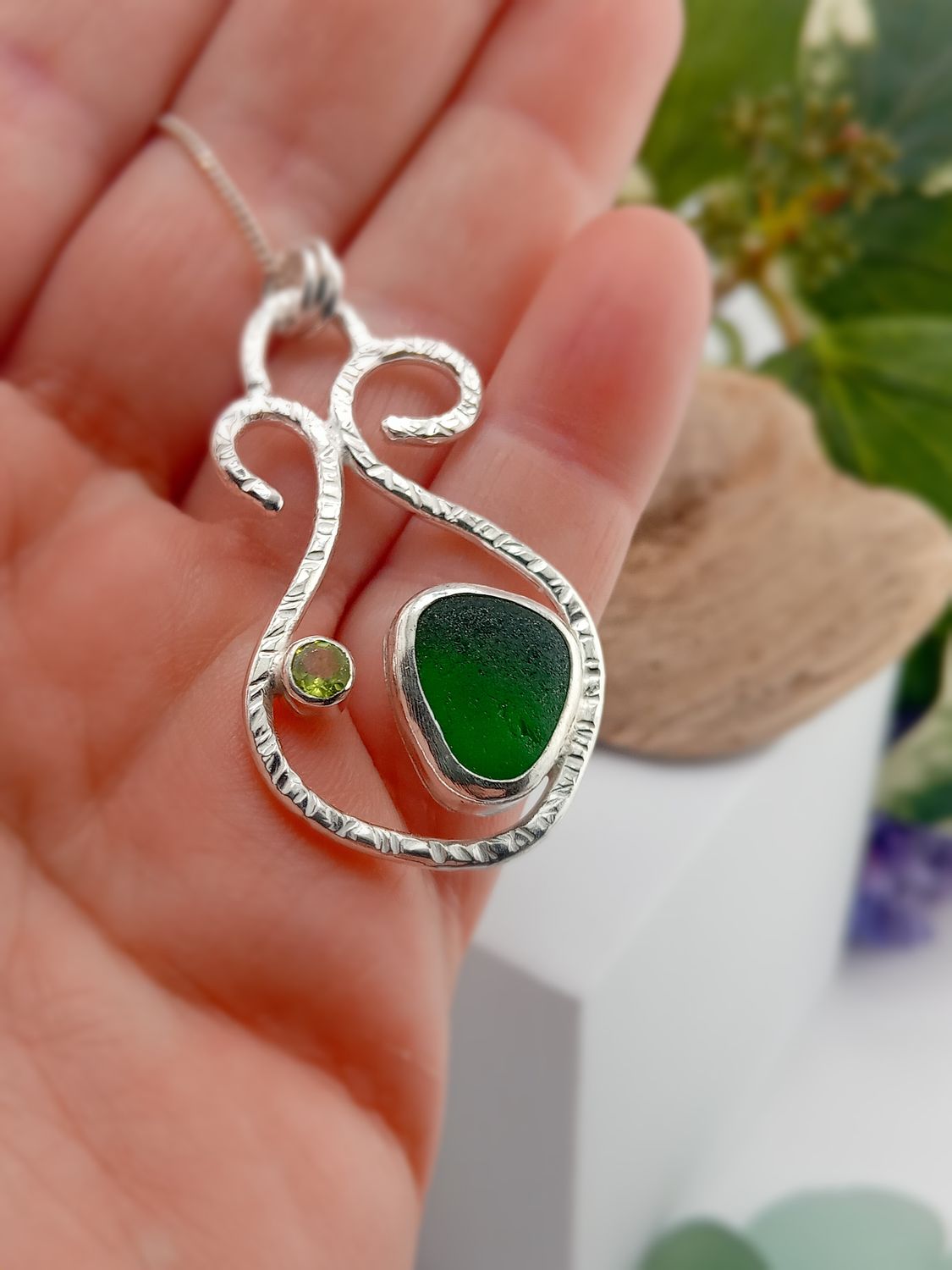 Scottish Sea Glass and Gem Stone Necklace - Hallmarked - Green