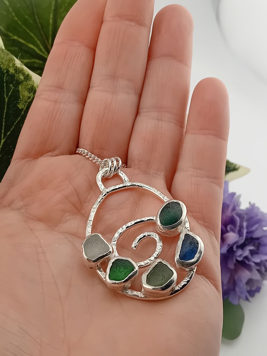 Large Sterling Silver Swirl Sea Glass Statement Pendant - Multi coloured