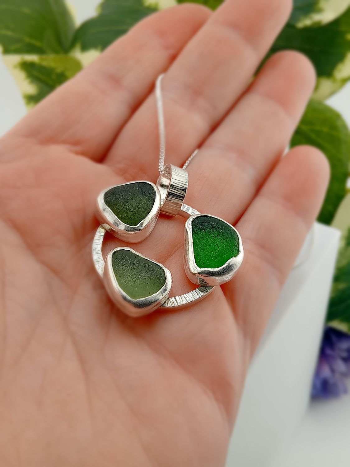 Shades of Green Scottish Sea Glass Necklace - Hallmarked