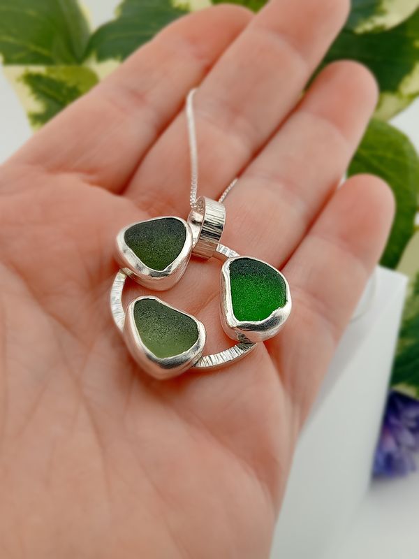 Shades of Green Scottish Sea Glass Necklace - Hallmarked